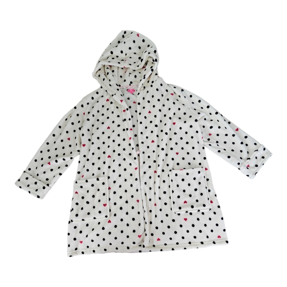 Betsey Johnson White Black Polka Dots with Hearts Faux Fur Robe with Hood M/L